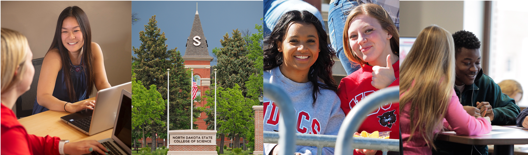 photos of students studying, handing out, and campus building